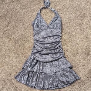 Taboo grey silver metallic sparkly halterneck mini fairy dress ruched waist